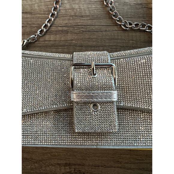 Silver Glitter Baguette Shoulder Bag Chain Strap Evening Party Purse - Picture 4 of 10